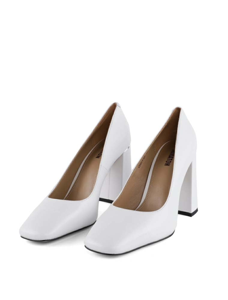 Block Heel Square Toe Pumps, White