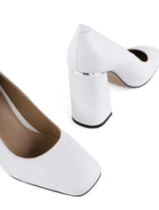 Block Heel Square Toe Pumps, White