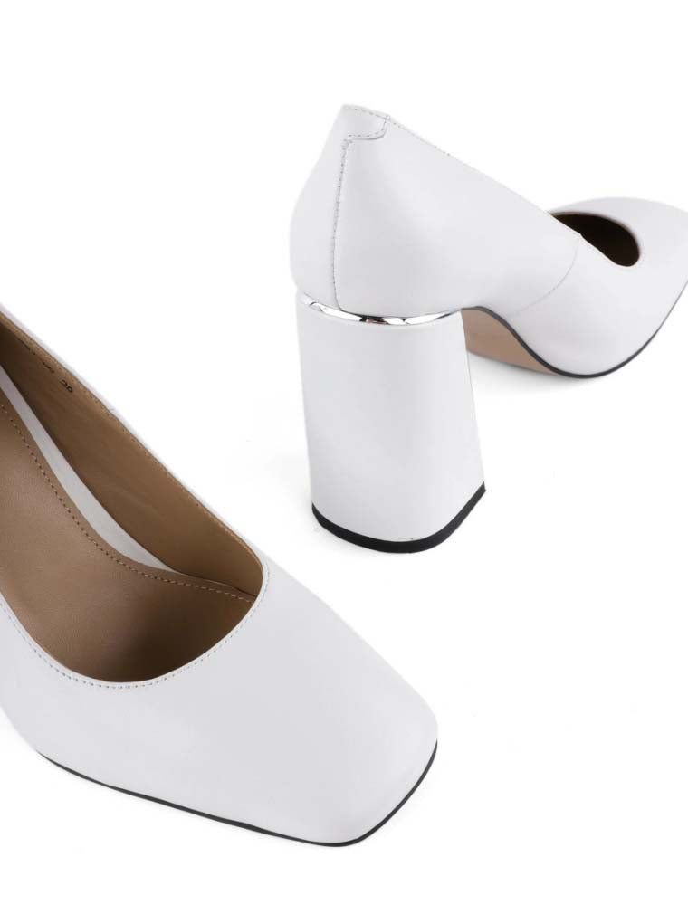 Block Heel Square Toe Pumps, White