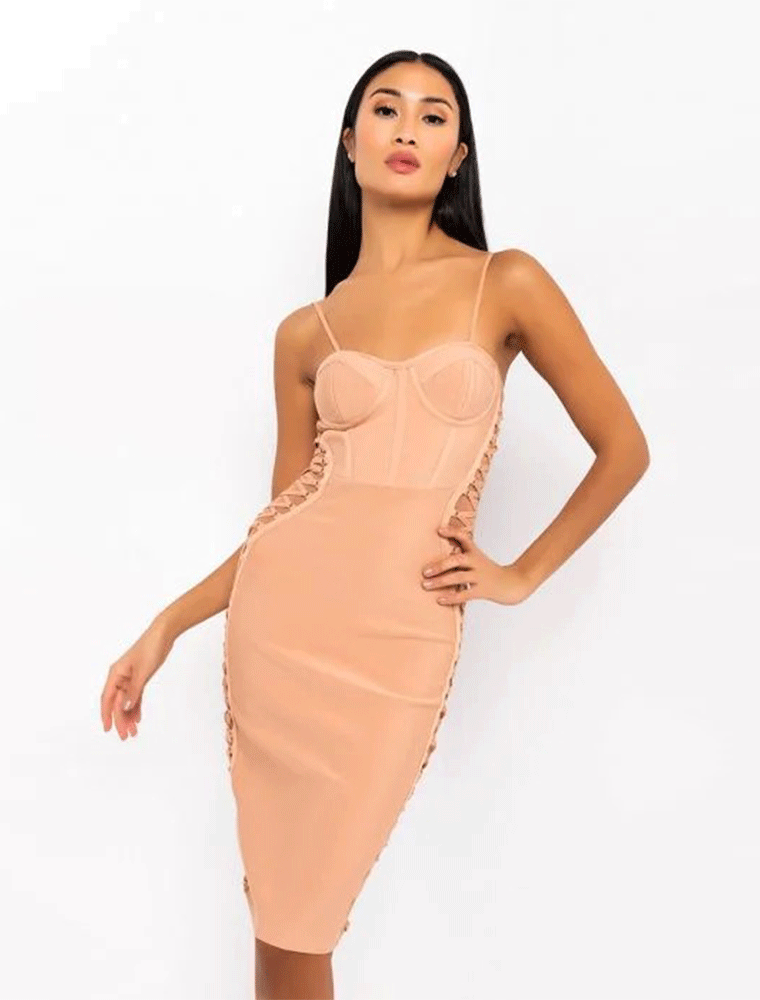 Side Weave Cut-Out Midi Bandage Dress, Beige