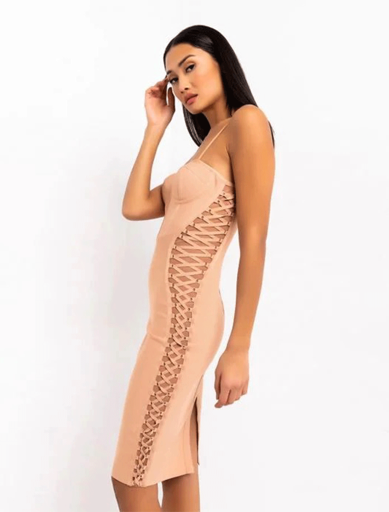 Side Weave Cut-Out Midi Bandage Dress, Beige