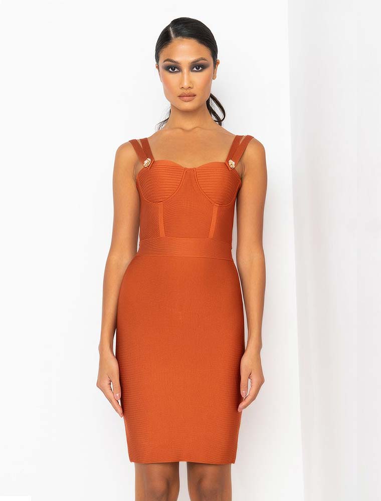 “Poison” Midi Bandage Dress, Burned Orange