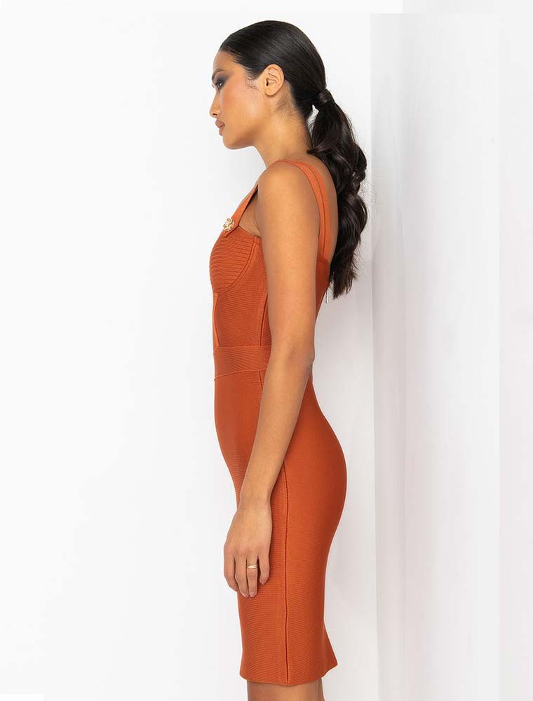 “Poison” Midi Bandage Dress, Burned Orange