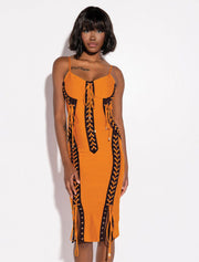 Drawstring Detail Bodycon Midi Dress, Orange