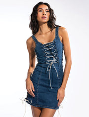 Women’s Lace-Up Denim Mini Dress, Blue