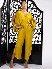 Women’s V-Neck Open Back Jumpsuit, Mustard