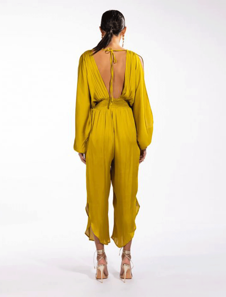 Women’s V-Neck Open Back Jumpsuit, Mustard