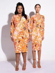 Abstract Print Long Sleeve V-neck Midi Dress, Orange