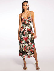 Rose Flower Strappy Cocktail Midi Dress, Multicolor