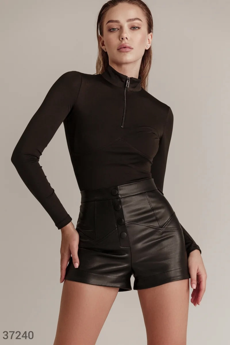 High-Rise Vegan Leather Shorts, Black