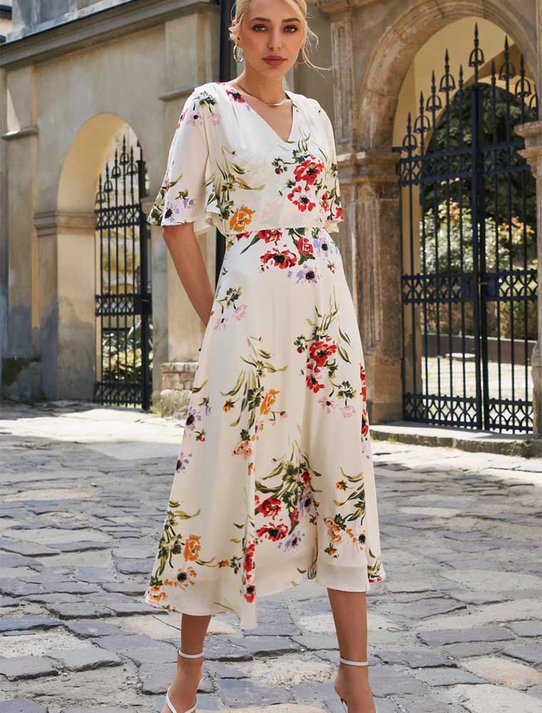 Floral Print V-Neck Midi Dress, Cream