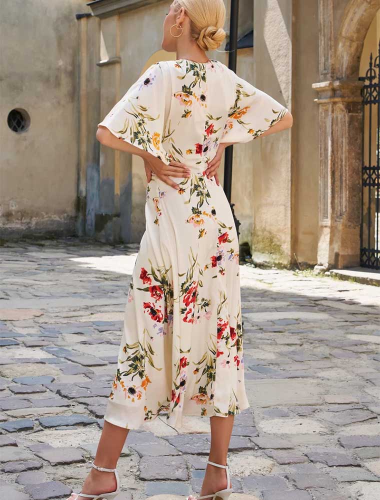 Floral Print V-Neck Midi Dress, Cream