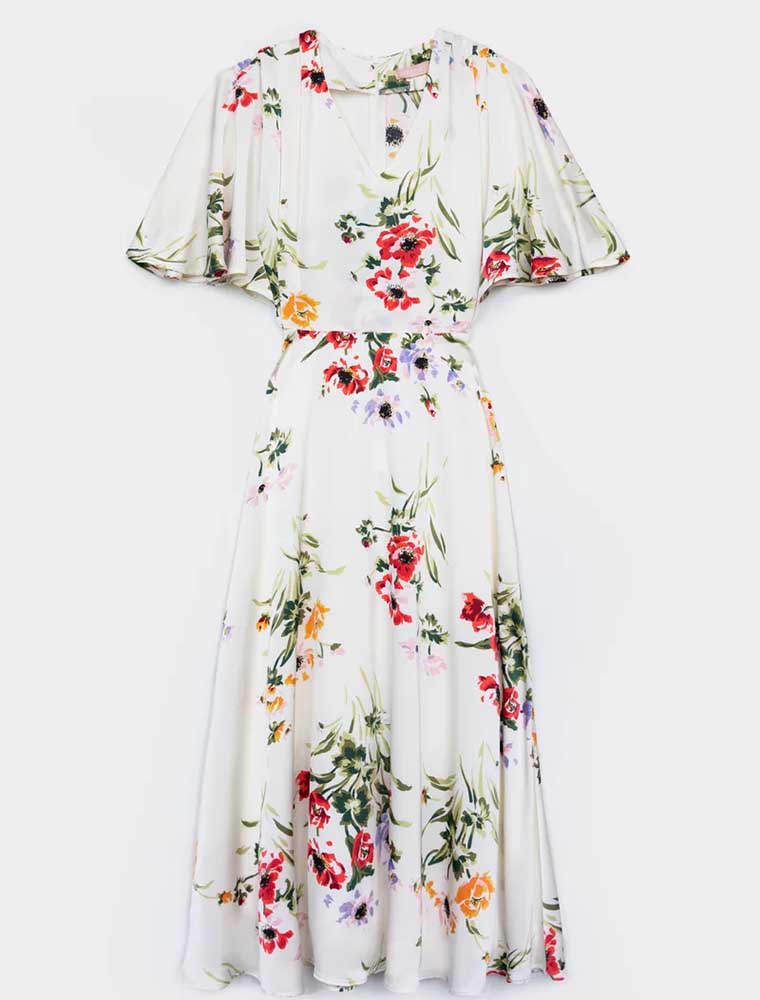 Floral Print V-Neck Midi Dress, Cream