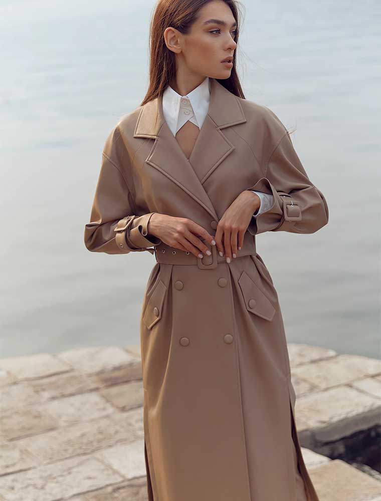 Double Breasted Vegan Leather Trench Coat