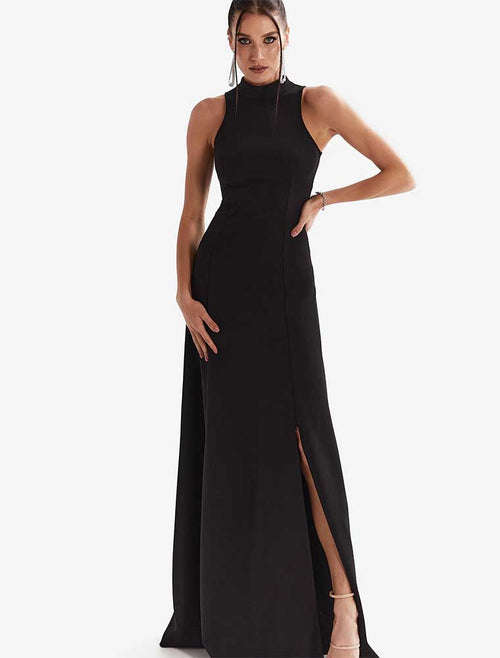 Classic Long Dress with Front Zipper Slit, Black