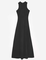 Classic Long Dress with Front Zipper Slit, Black