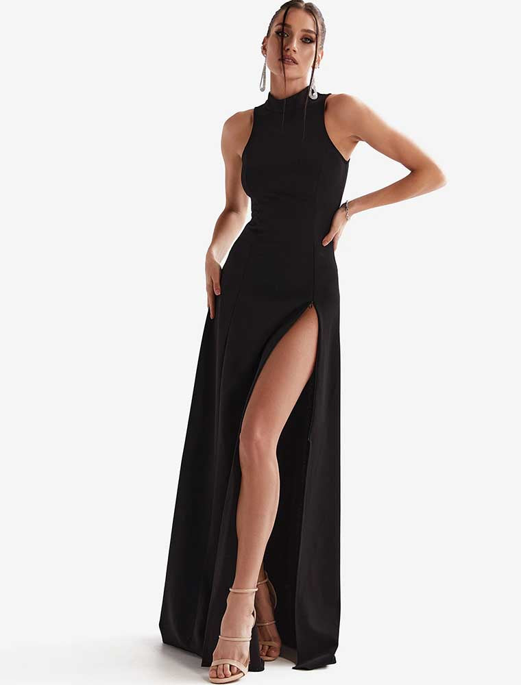 Classic Long Dress with Front Zipper Slit, Black