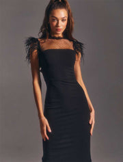 Feathered Sleeve Midi Dress, Black