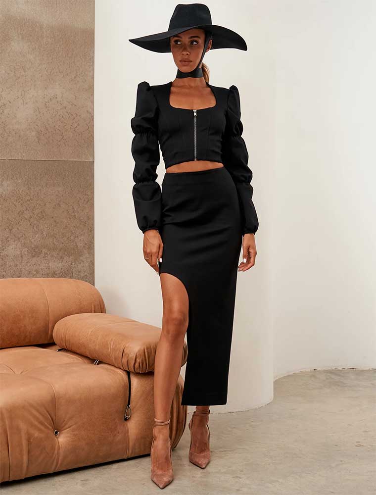 Three Tiered Sleeve Top with Asymmetrical Skirt, Black