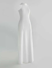 Classic Long Dress with Front Zipper Slit, White