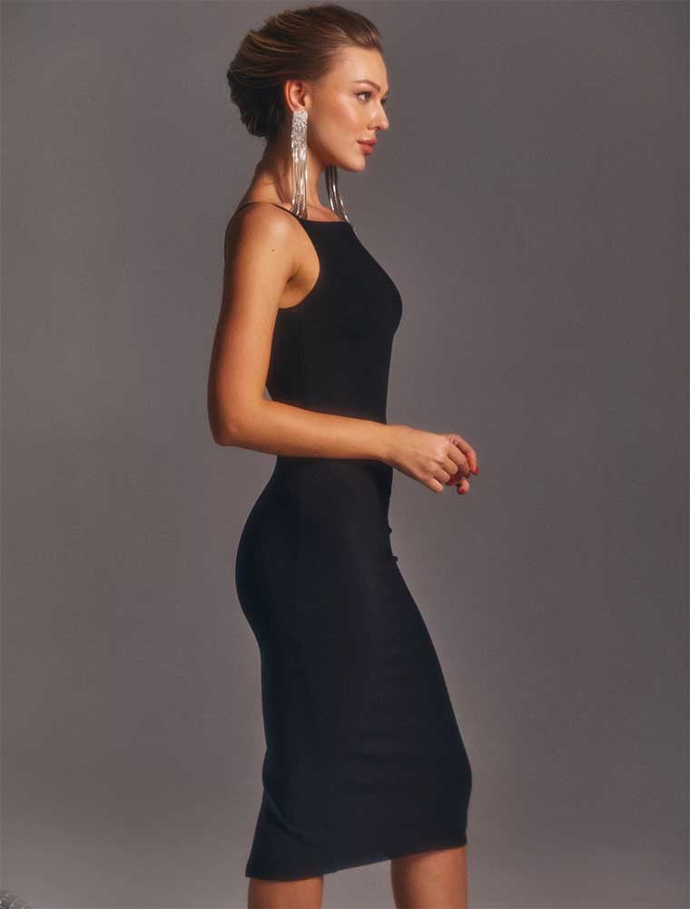 Classic Spaghetti Strap Midi Dress, Black