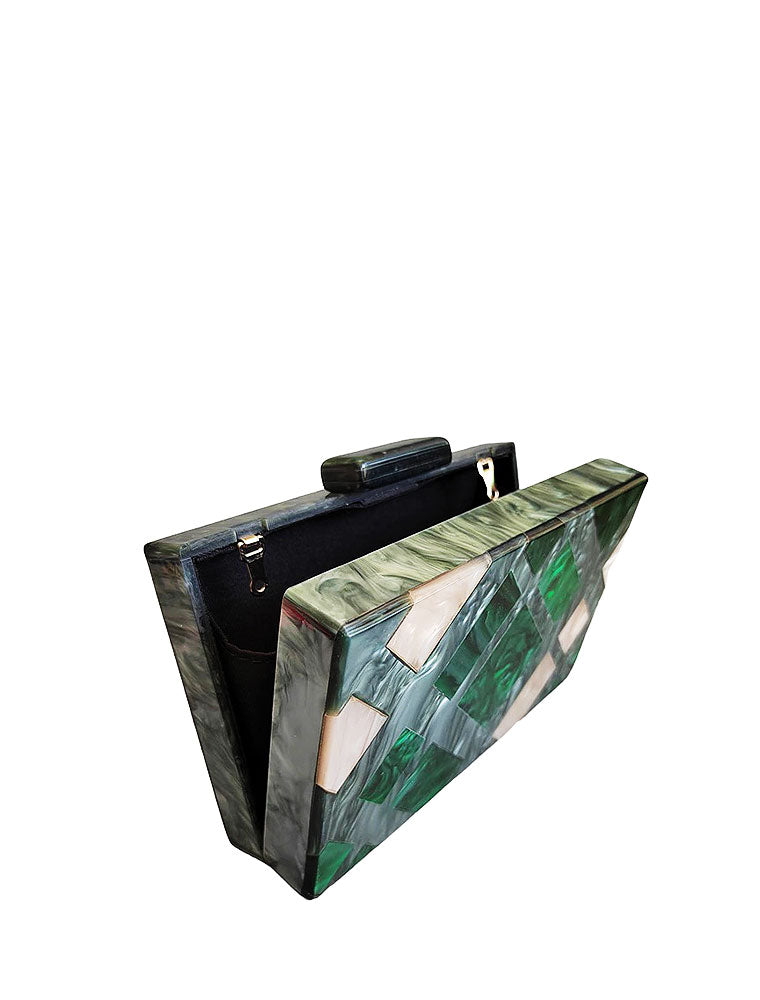 Rectangular Geometric Acrylic Clutch Bag, Pearl / Green