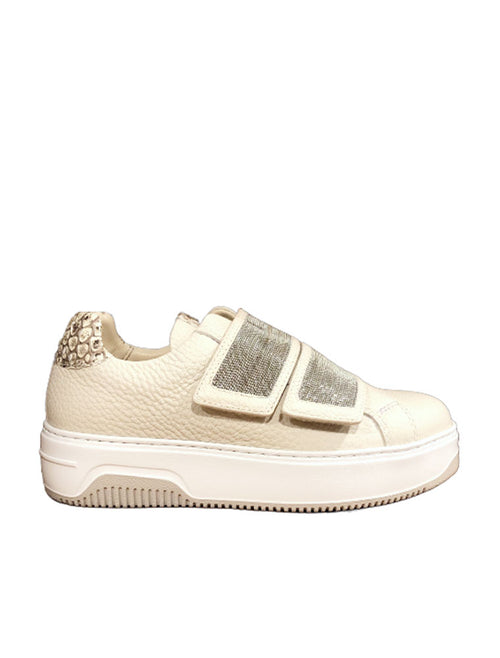 Women's Leather W-Strap Sneakers with Python Detail, Beige