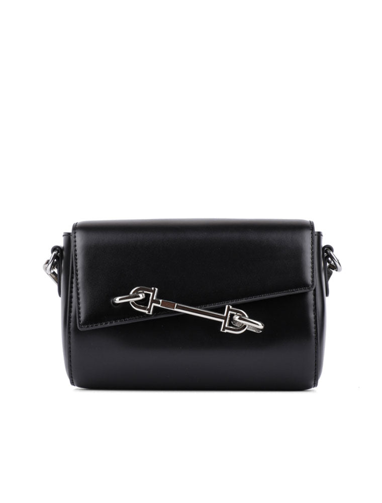 Metal Pin Clasp Genuine Leather Cross-Body Bag, Black