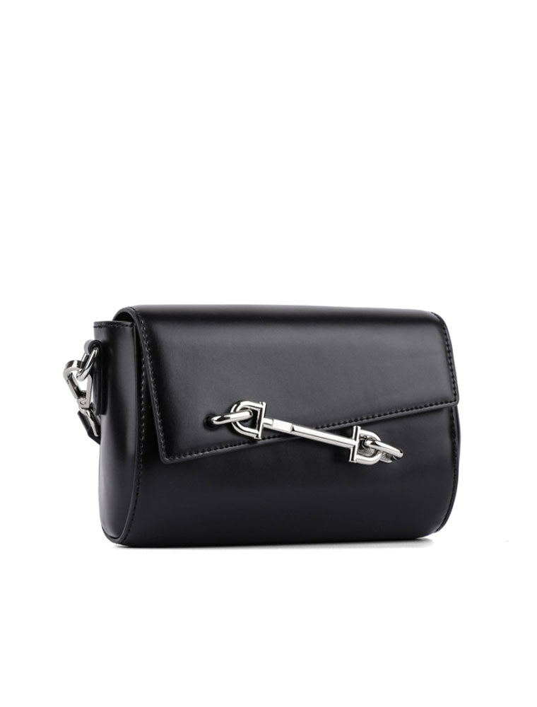 Metal Pin Clasp Genuine Leather Cross-Body Bag, Black