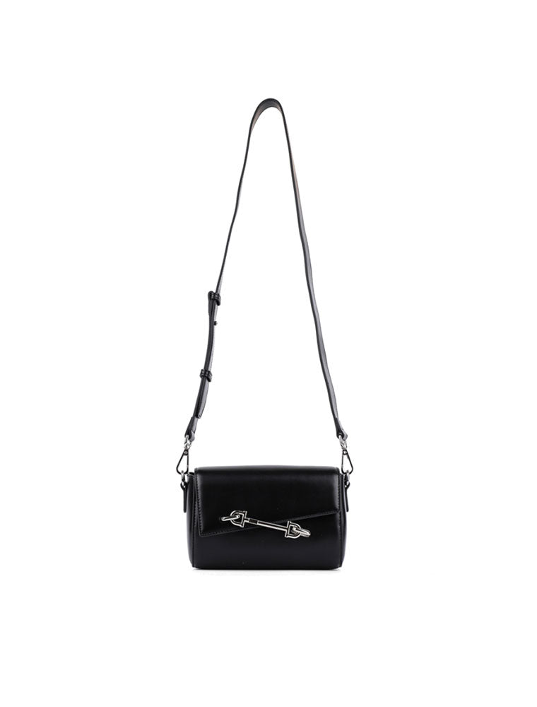 Metal Pin Clasp Genuine Leather Cross-Body Bag, Black