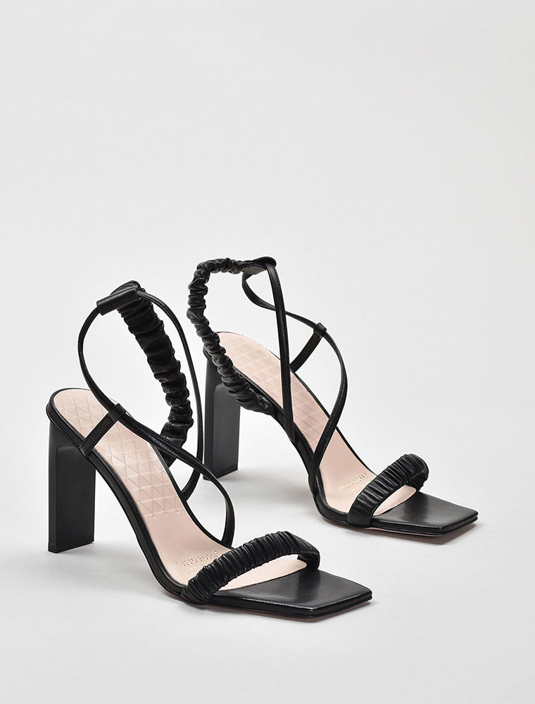 Gathered Strap High Heel Sandals, Black