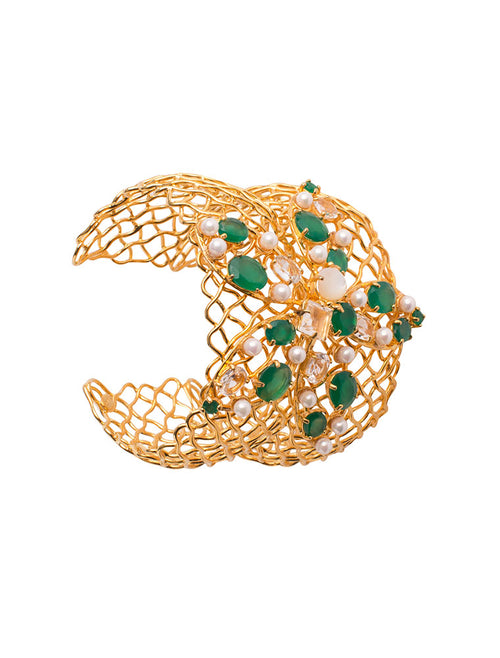 Double Mesh Cuff, Clear Quartz, Green Onyx, Mother of Pearl and FWP, 14K Gold Plated