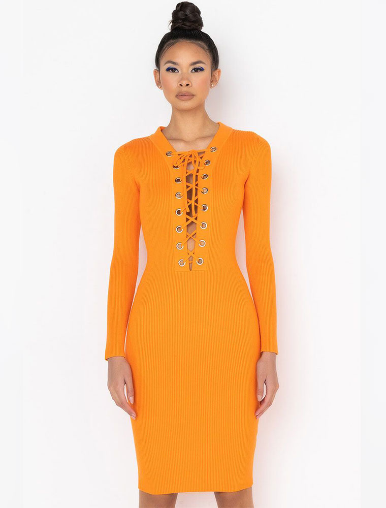 Classic Long Sleeve with Ties Dress, Orange