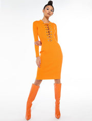 Classic Long Sleeve with Ties Dress, Orange