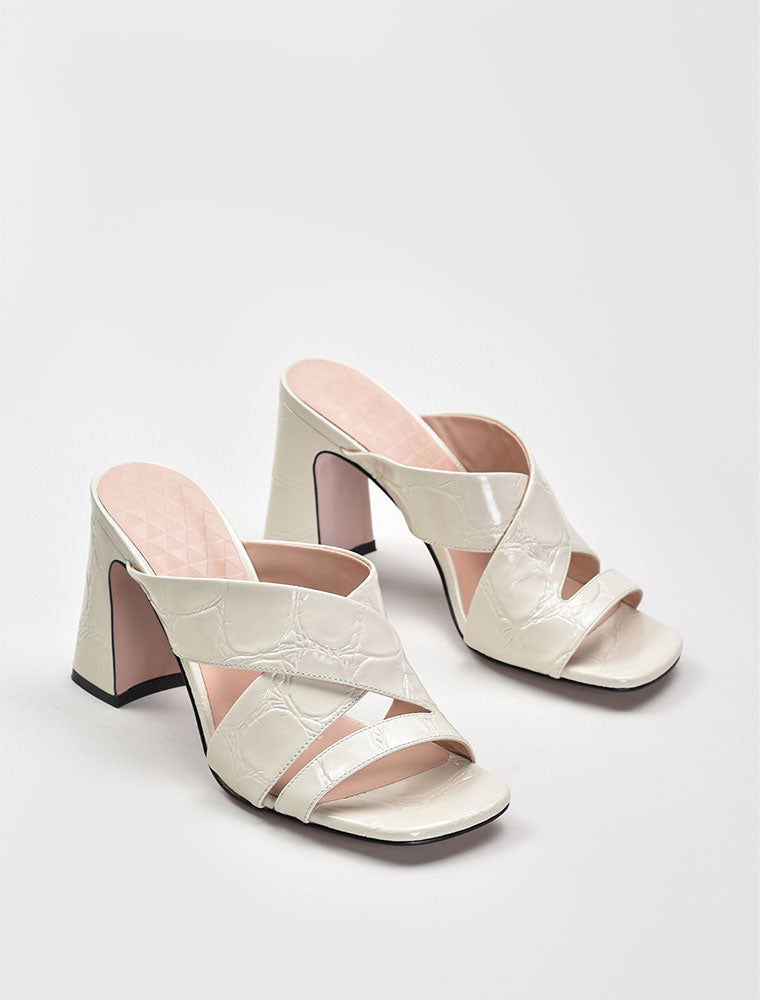 Criss-Cross Chunky Heel Sandals, Cream