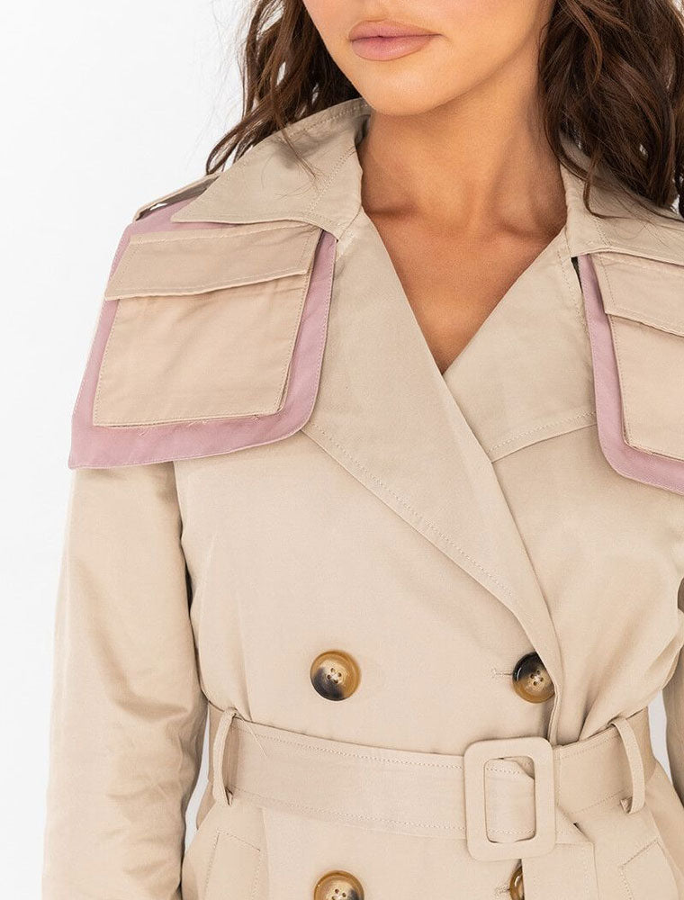 Double Breasted Top Pocket Trench Coat, Beige