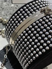 Diamond Round Party Clutch, Black/Silver