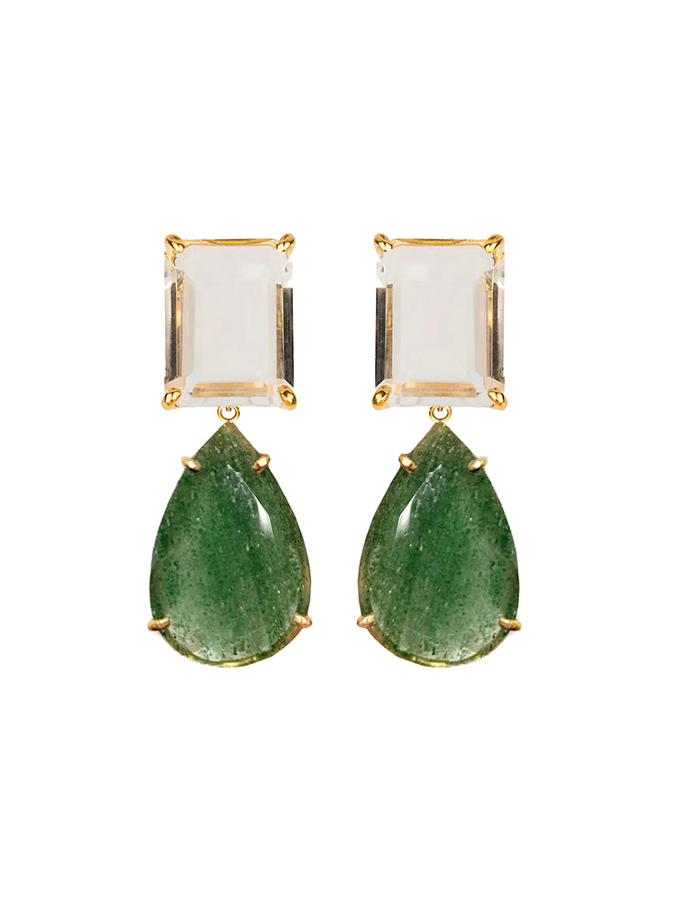 Interchangeable Elyna Earrings, Clear Quartz and Green Strawberry Quartz, 14K Gold Plated