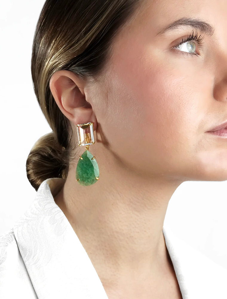 Interchangeable Elyna Earrings, Clear Quartz and Green Strawberry Quartz, 14K Gold Plated