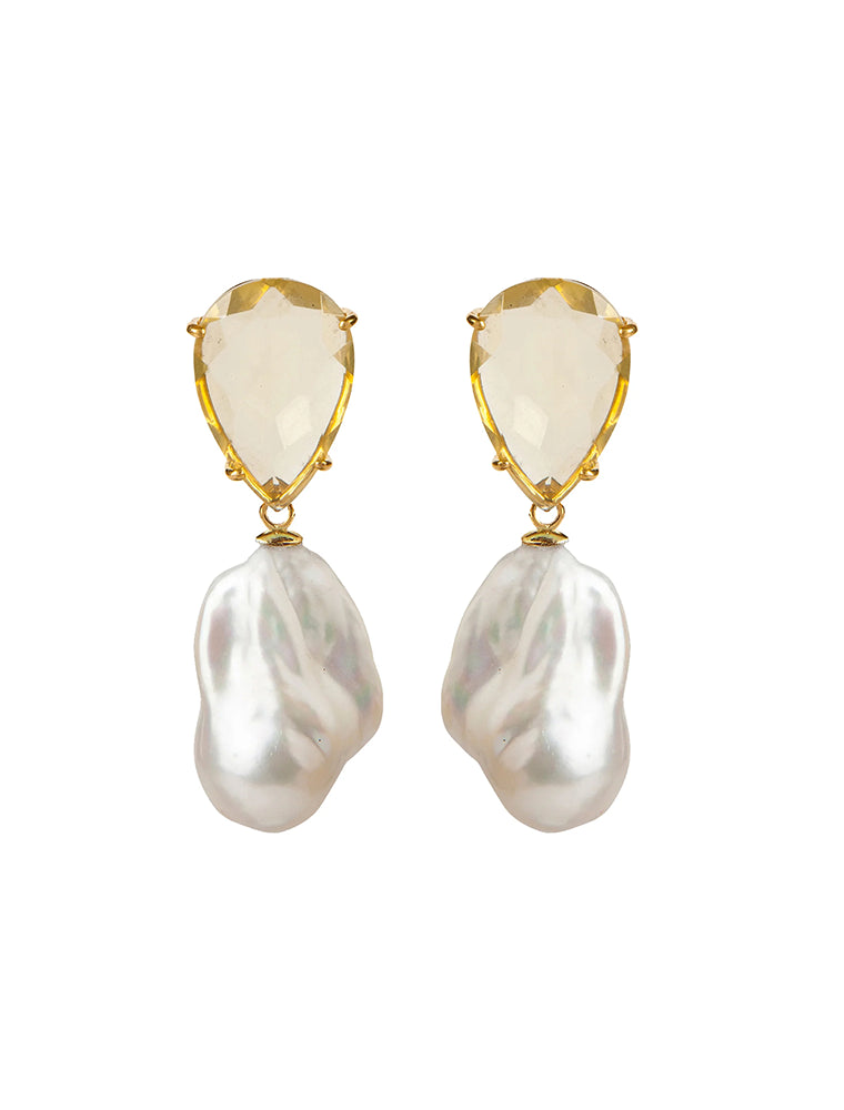 Interchangeable Nora Earrings, Lemon Quartz and White Shell Pearl Drop, 14K Gold Plated