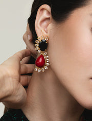 Interchangeable Krista Earrings, Red Shell, Black and Clear Quartz, 14K Gold Plated