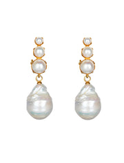 Interchangeable Earring Set, Three Round Pearls with Barcoque Pearl Drop, 14K White Gold Plated