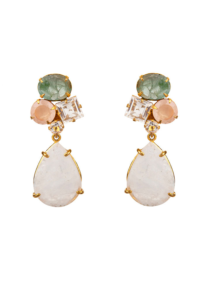 Interchangeable Earring Set, Fluorite, Rose Quartz and Moonstone, 14K Gold Plated