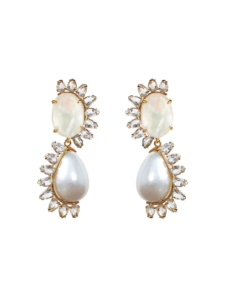 Interchangeable Krista Earrings, Mother of Pear, White Shell and Clear Quartz, 14K Gold Plated