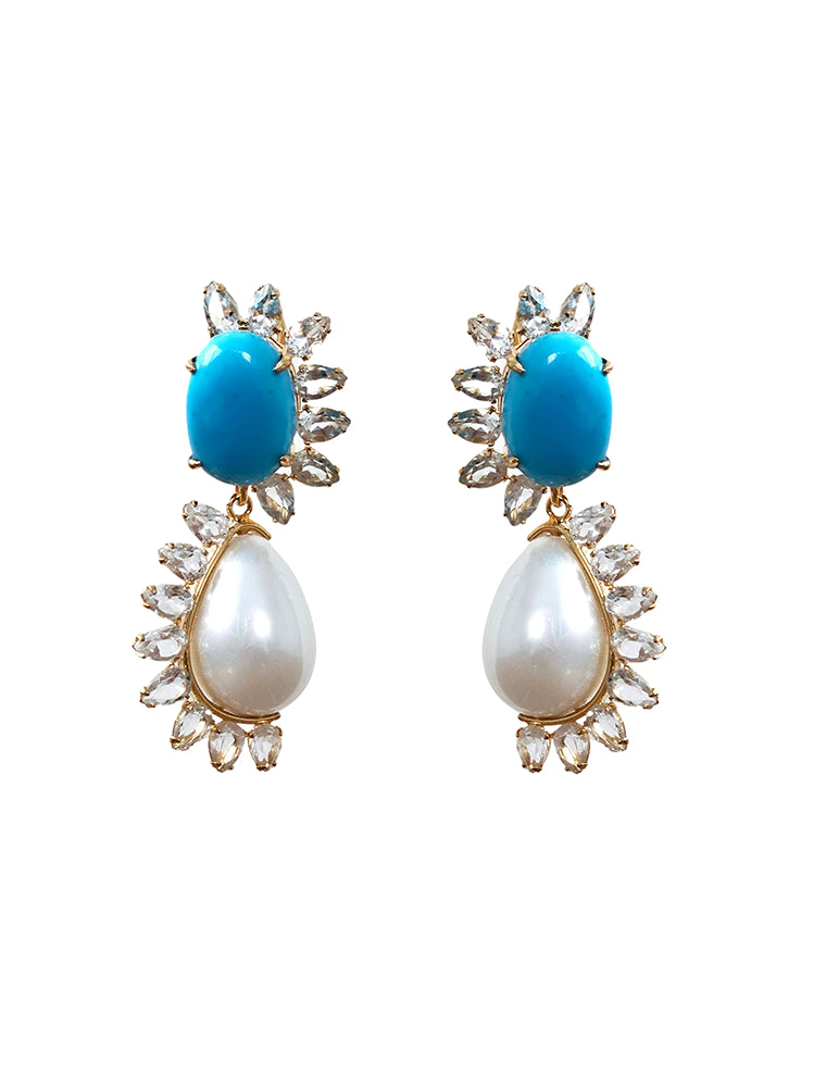 Interchangeable Krista Earrings, Mother of Pear, White Shell and Clear Quartz, 14K Gold Plated