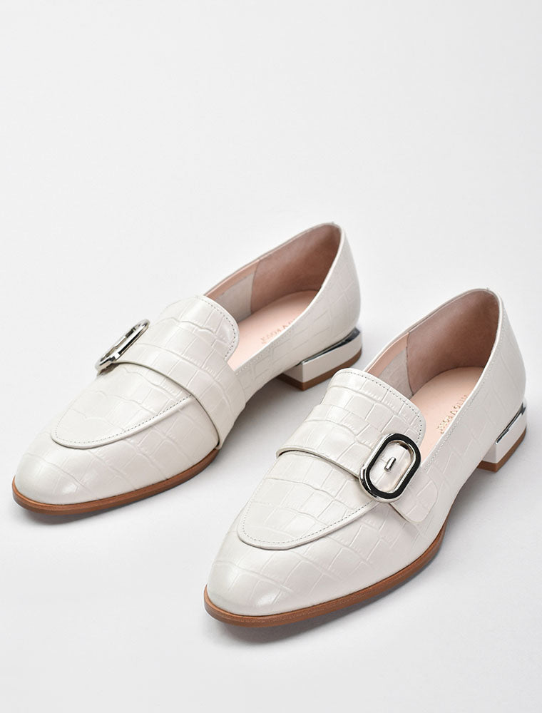 Embossed Croc Silver Square Heel Loafers