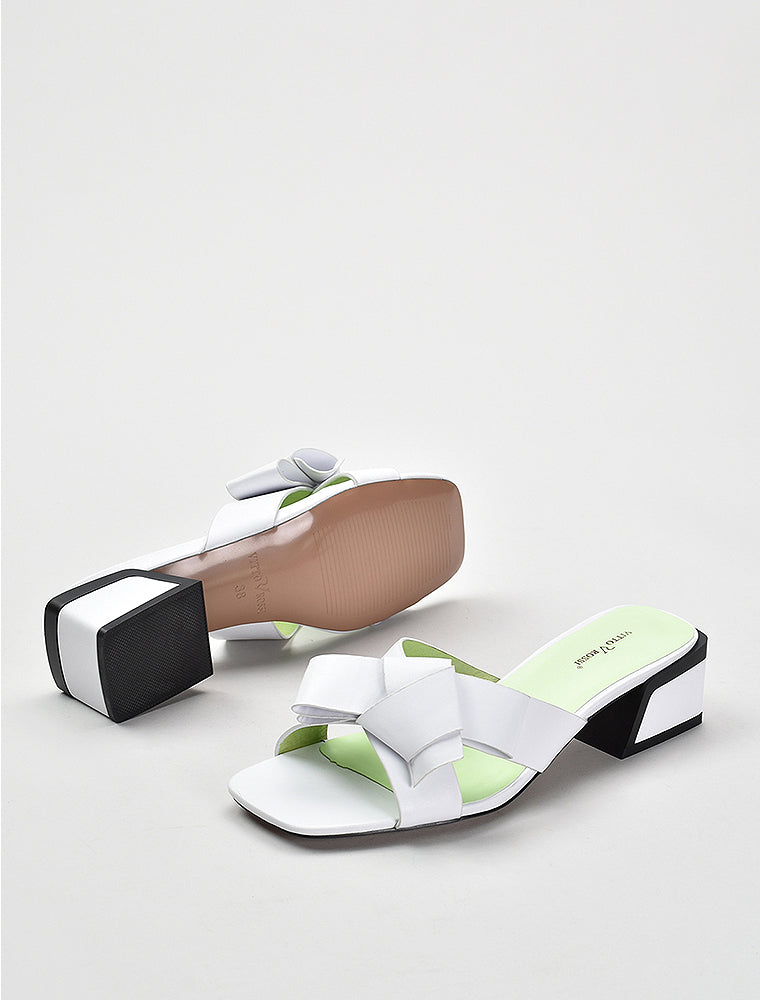 Front Bow Detail Slide Sandals, White/Green