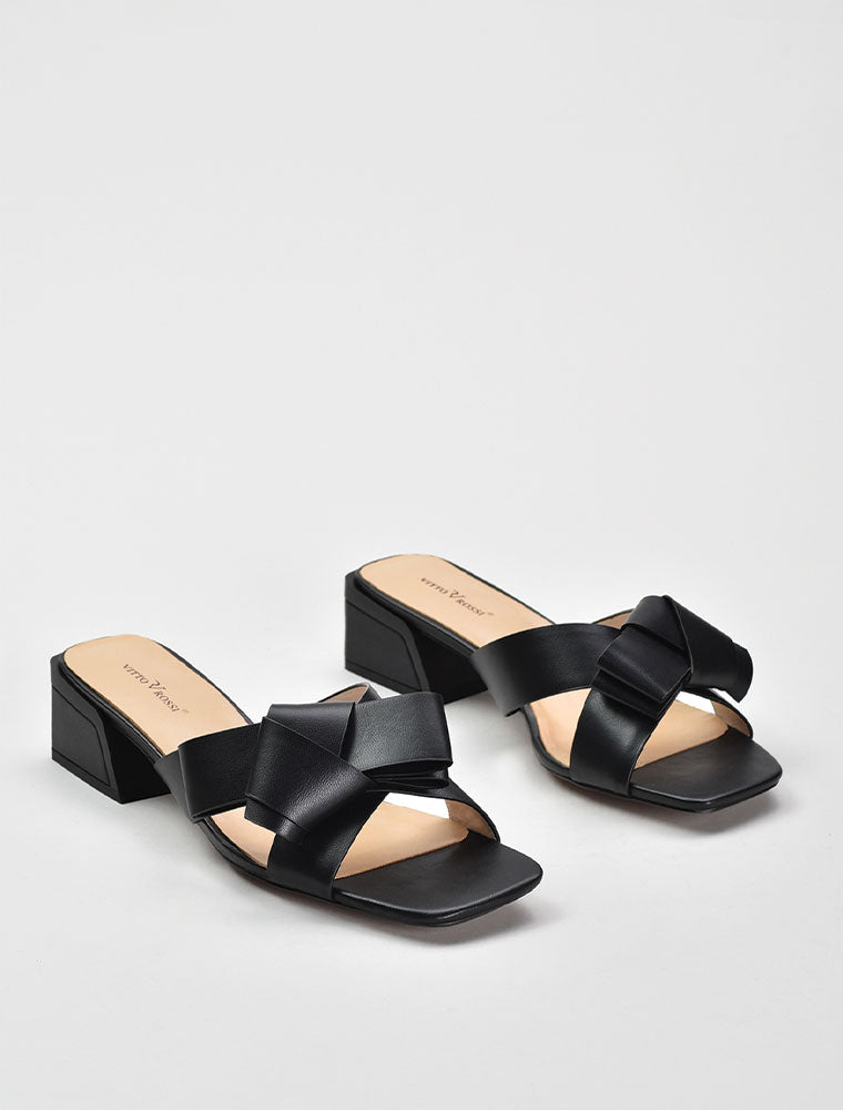 Front Bow Detail Slide Sandals, Black