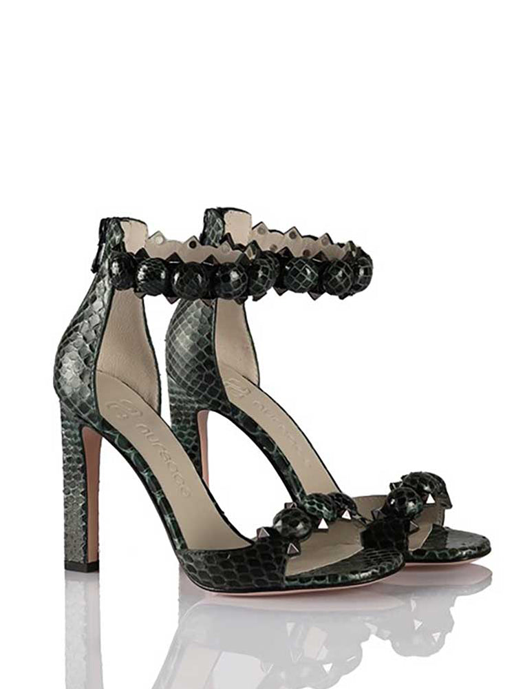 Genuine Python Stiletto Ankle Wrap Sandals, Green