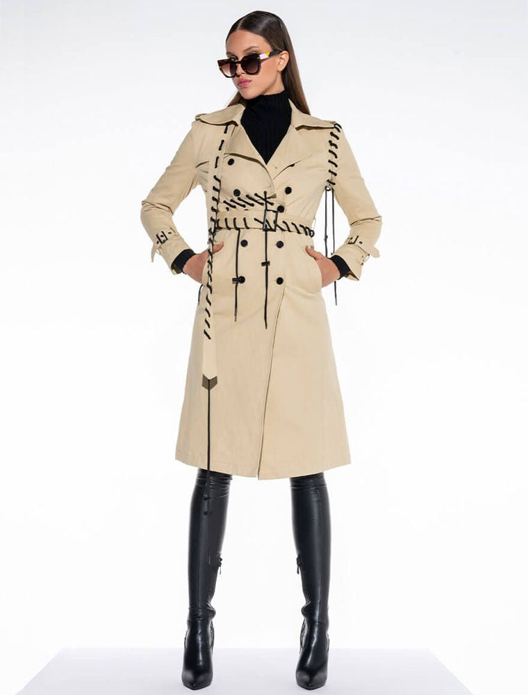 Lace Up Detail Trench Coat, Beige